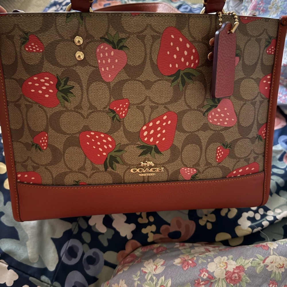 Coach Brown Tote with Red Strawberry Print